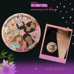International Women's Day Pink Feminine Portraits 4 Inch Round Button
