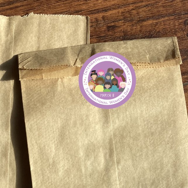 International Women's Day Purple White Stickers (International Women's Day purple and white round sticker .)