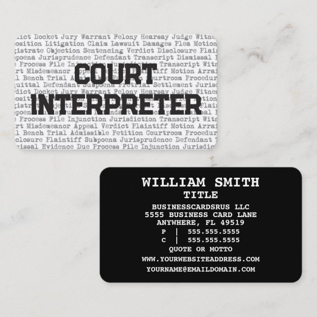 Interprète du tribunal Mots juridiques Carte de vi (Devant / Derrière)