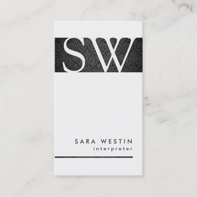 Interpreter Special Skills Monogram Black Damask Business Card (Front)
