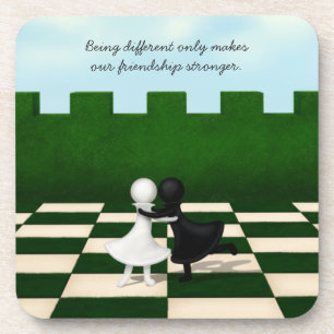 Interracial Friendship Cute Pawns Hug Chessboard Coaster
