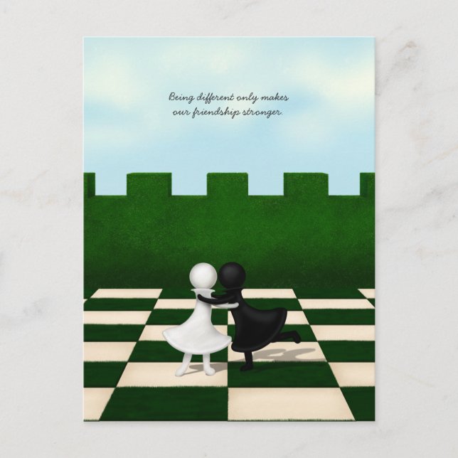 Interracial Friendship Cute Pawns Hug Personalized Announcement Postcard (Front)