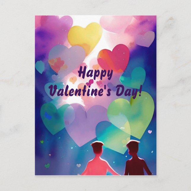 Interracial queer couple in love with hearts postcard (Front)