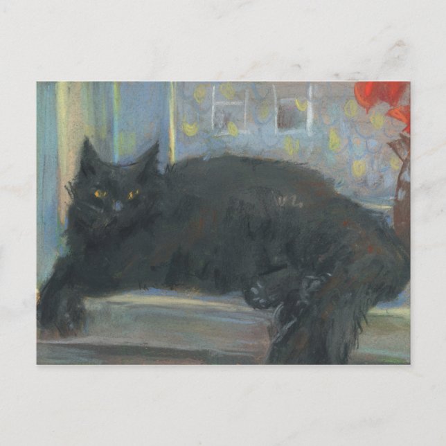 Interrupted Nap, Black Cat Impressionism Painting Postcard (Front)