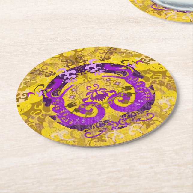 Intersex Pride Flag Colours Dragon Damask Round Paper Coaster (Angled)