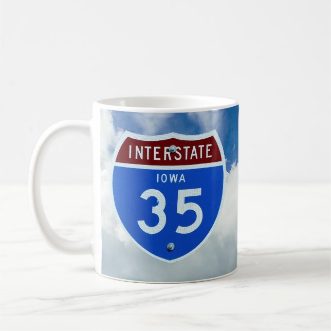 Interstate 35 Shield, Blue Sky, Puffy Clouds Mug (Left)