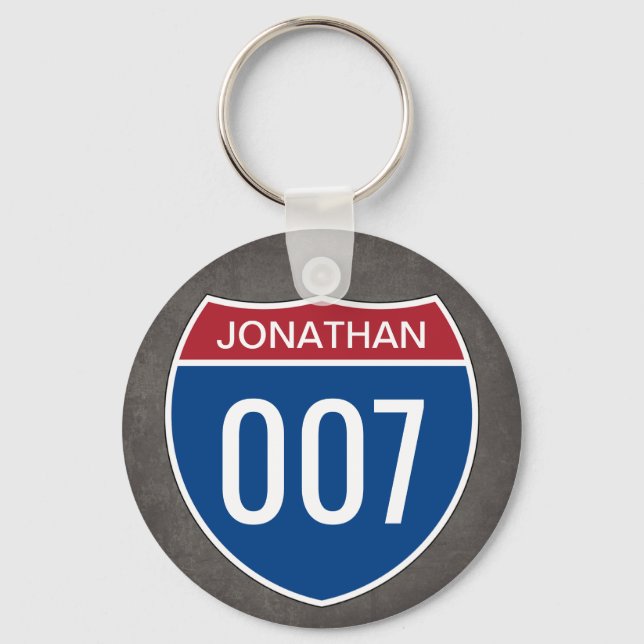 Interstate Sign with your Text and Number Keychain (Front)