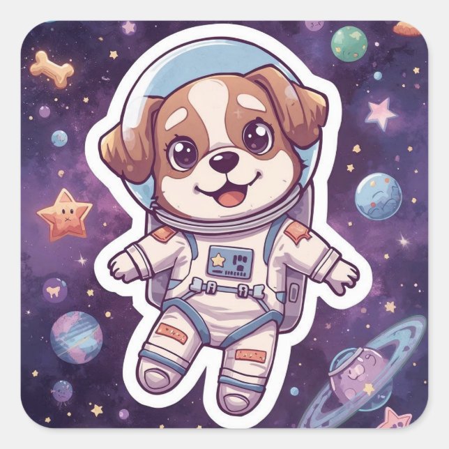 Interstellar Paws – Cute Space Dog in Adventure Square Sticker (Front)