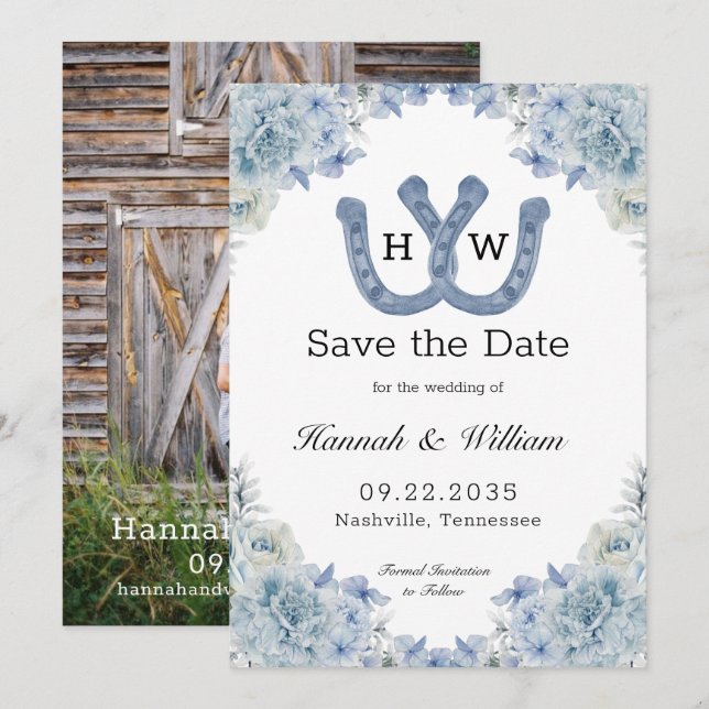 Intertwined Blue Horseshoe Monogram Floral Photo Save The Date (Front/Back)