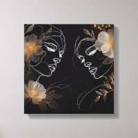 Intertwined Feminine Faces with Golden Florals