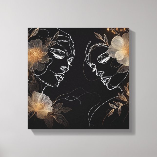 Intertwined Feminine Faces with Golden Florals Canvas Print (Front)