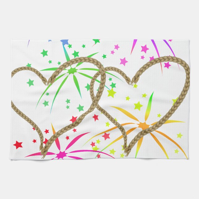 Intertwined hearts tangled rope romantic fireworks kitchen towel (Horizontal)