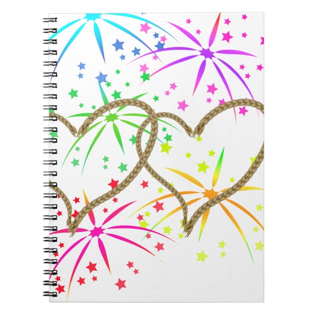 Intertwined hearts tangled rope romantic fireworks notebook (Front)