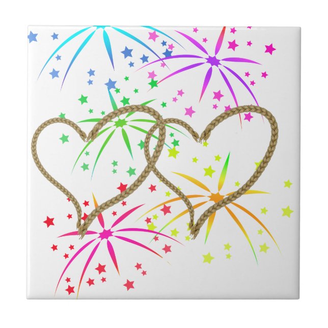 Intertwined hearts tangled rope romantic fireworks tile (Front)
