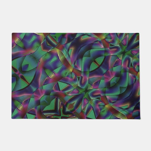 Interwoven tapes of darkened colourful doormat (Front)