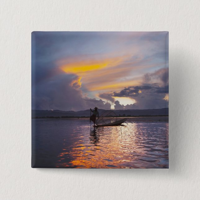 Intha fisherman leg rowing boat fishing with net 2 inch square button (Front)