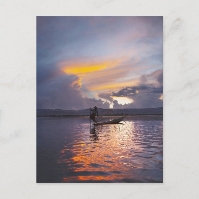 Intha fisherman leg rowing boat fishing with net postcard (Front)