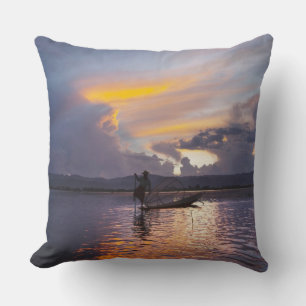Intha fisherman leg rowing boat fishing with net throw pillow