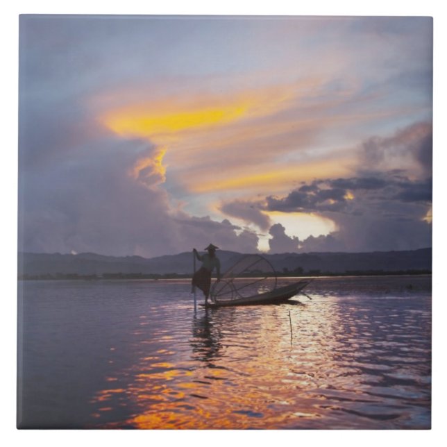 Intha fisherman leg rowing boat fishing with net tile (Front)