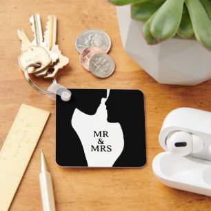 Intimate couple kissing silhouette Mr and Mrs Keychain