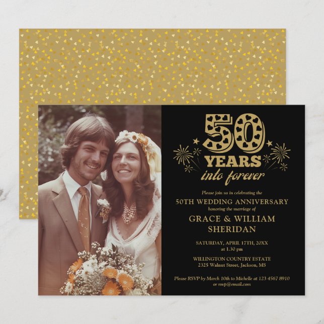 Into Forever 50th Anniversary Photo Gold Black Invitation (Front/Back)