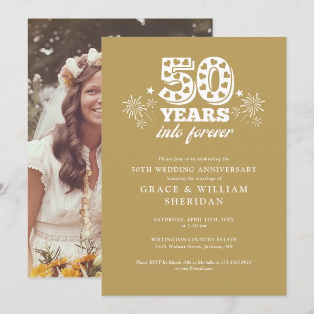 Into Forever Gold 50th Wedding Anniversary Photo Invitation (Front/Back)