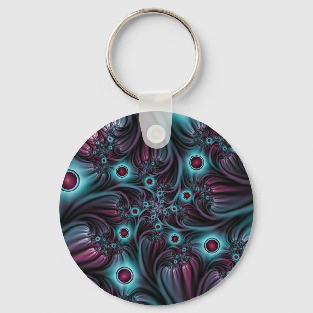 Into the Depth Blue Pink Abstract Fractal Art Keychain (Front)