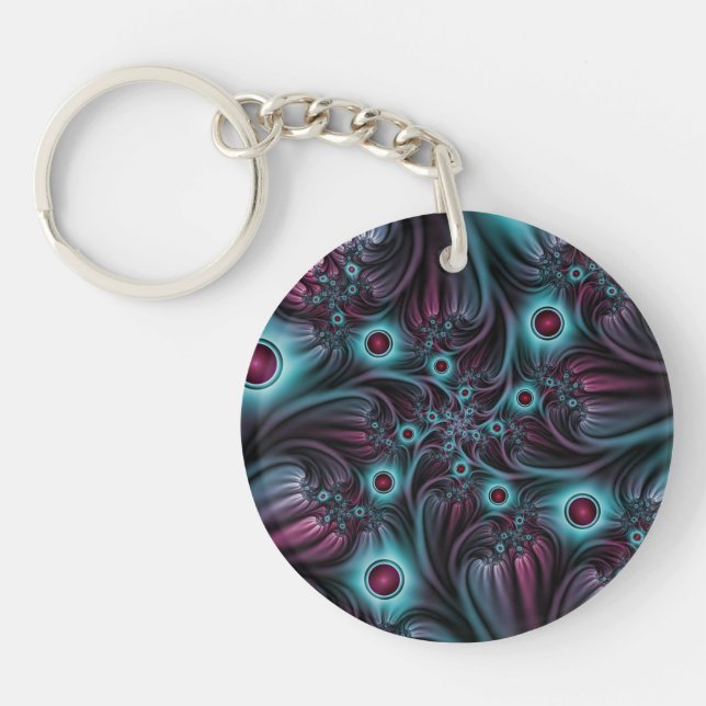 Into the Depth Blue Pink Abstract Fractal Art Keychain (Front)