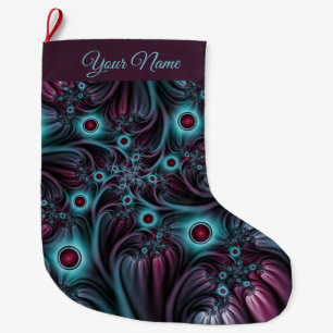 Into the Depth Blue Pink Abstract Fractal Art Name Large Christmas Stocking