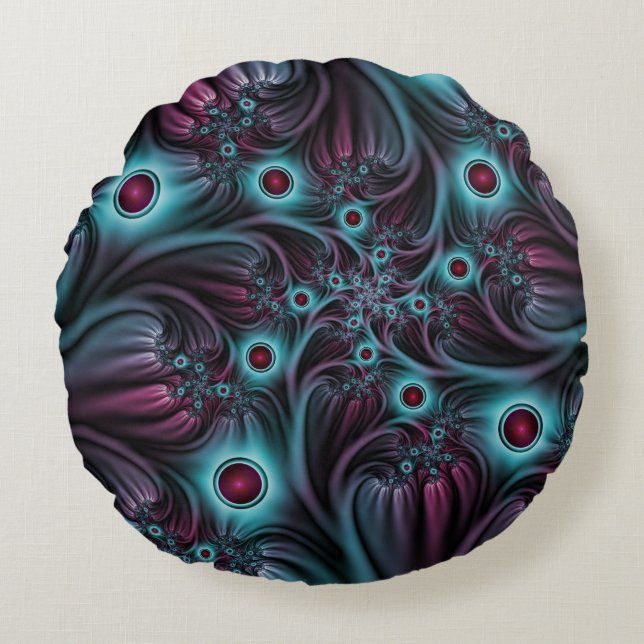 Into the Depth Blue Pink Abstract Fractal Art Round Pillow (Front)