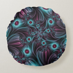 Into the Depth Blue Pink Abstract Fractal Art Round Pillow