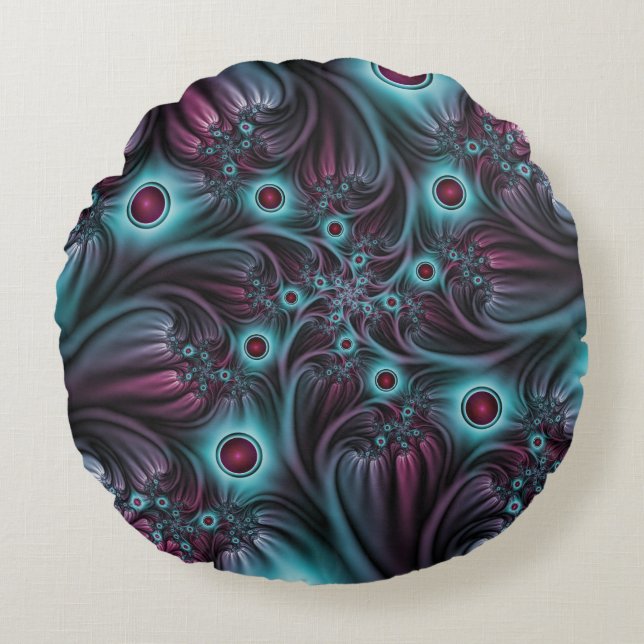 Into the Depth Blue Pink Abstract Fractal Art Round Pillow (Front)