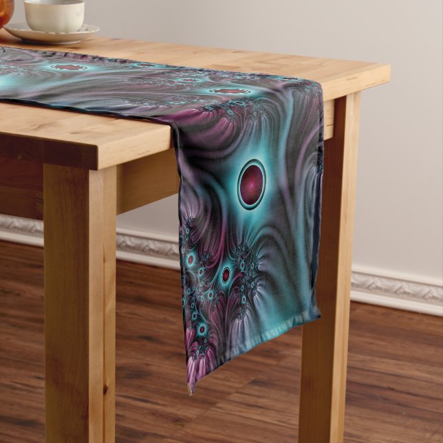 Into the Depth Blue Pink Abstract Fractal Art Short Table Runner (In Situ)