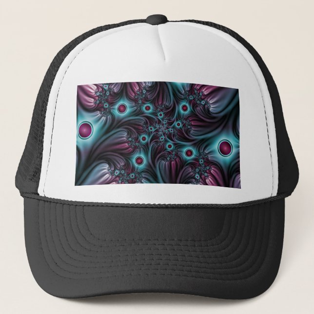 Into the Depth Blue Pink Abstract Fractal Art Trucker Hat (Front)