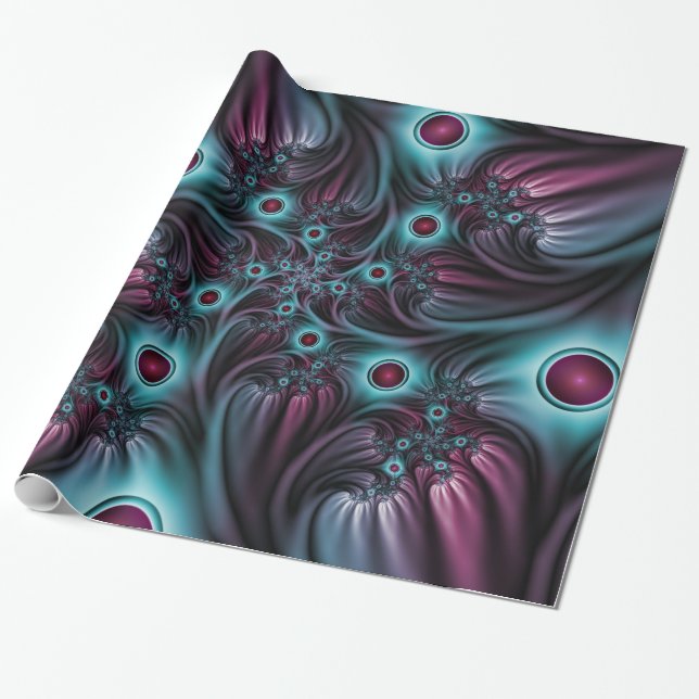 Into the Depth Blue Pink Abstract Fractal Art Wrapping Paper (Unrolled)