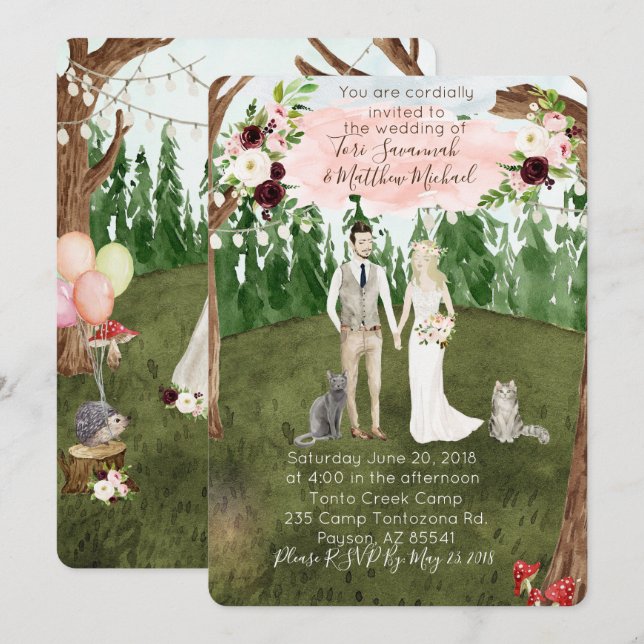 Into The Forest Wedding Invitation -With cats (Front/Back)