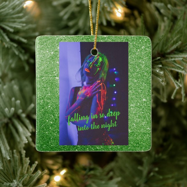 Into the Night Green Faux Glitter   Ceramic Orname Ceramic Ornament (Tree)