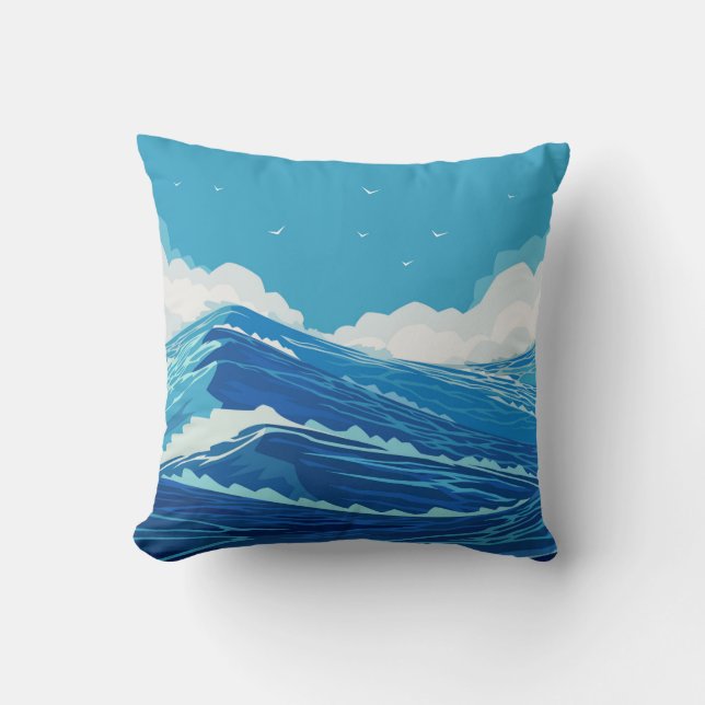 Into the ocean. Beautiful large sea waves and blue Throw Pillow (Front)