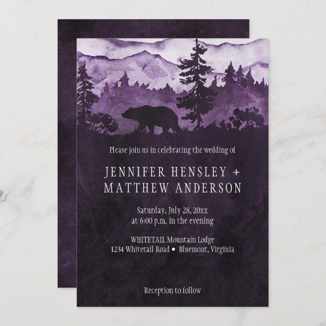 Into The Wild Dark Purple Mountains Bear Wedding Invitation (Front/Back)