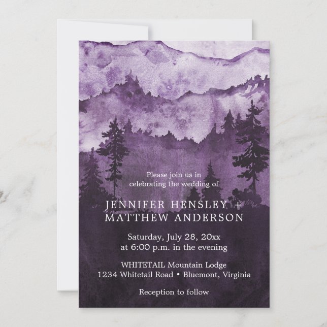 Into The Wild Dark Purple Mountains Scene Wedding Invitation (Front)