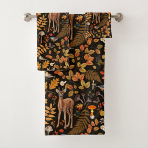 Into the woods/Autumn deer on black Bath Towel Set