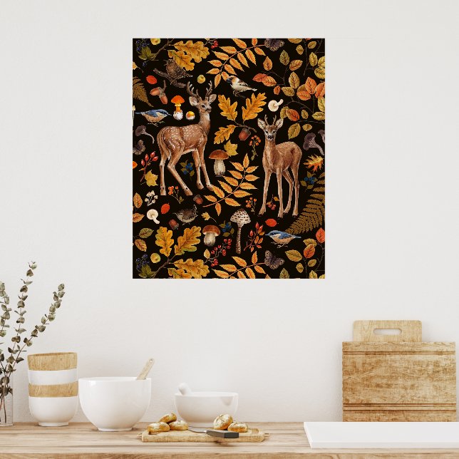 Into the woods/Autumn deer on black Poster (Kitchen)