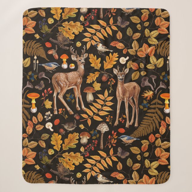 Into the woods/Autumn deer on black Sherpa Blanket (Front)