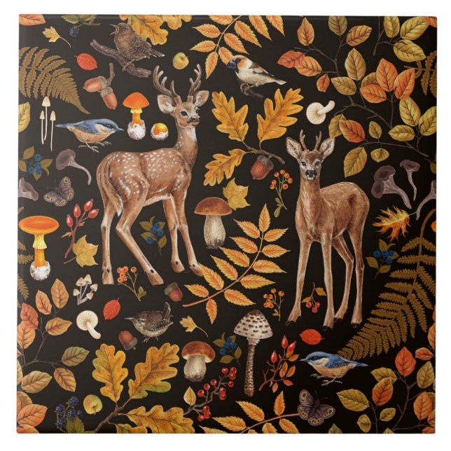 Into the woods/Autumn deer on black Tile (Front)