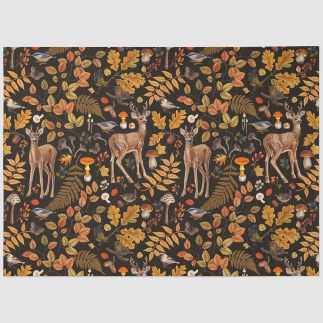 Into the woods/Autumn deer on black Tissue Paper (Front)