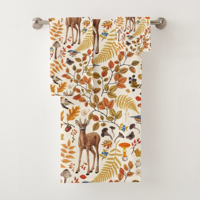 Into the woods/Autumn deer on off white Bath Towel Set (Insitu)