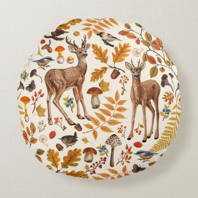 Into the woods/Autumn deer on off white Round Pillow (Front)