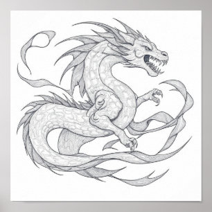 Intricate Adult Colouring Page: Detailed Dragon Poster