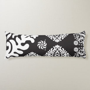 Intricate black and white pattern featuring floral body pillow