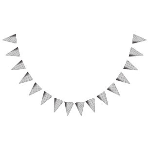 Intricate black and white pattern featuring floral bunting flags